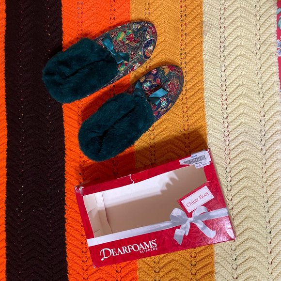 Christmas In the box 80s Sears green fur“Chintz” slipper boots with a nostalgic - Picture 5 of 13